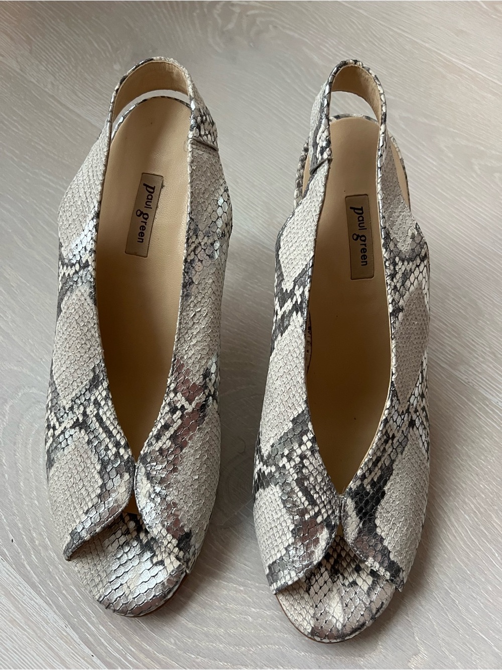 Paul Green Snake-Print Slingback Peep-Toe Heels in Beige, Gray and Brown